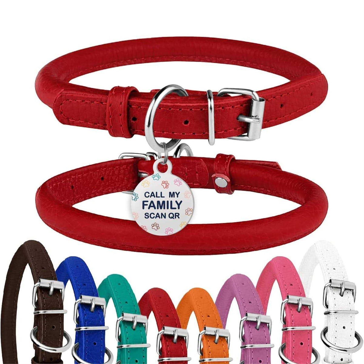 Rolled Leather Dog Collar with QR ID Dog Tag X63008