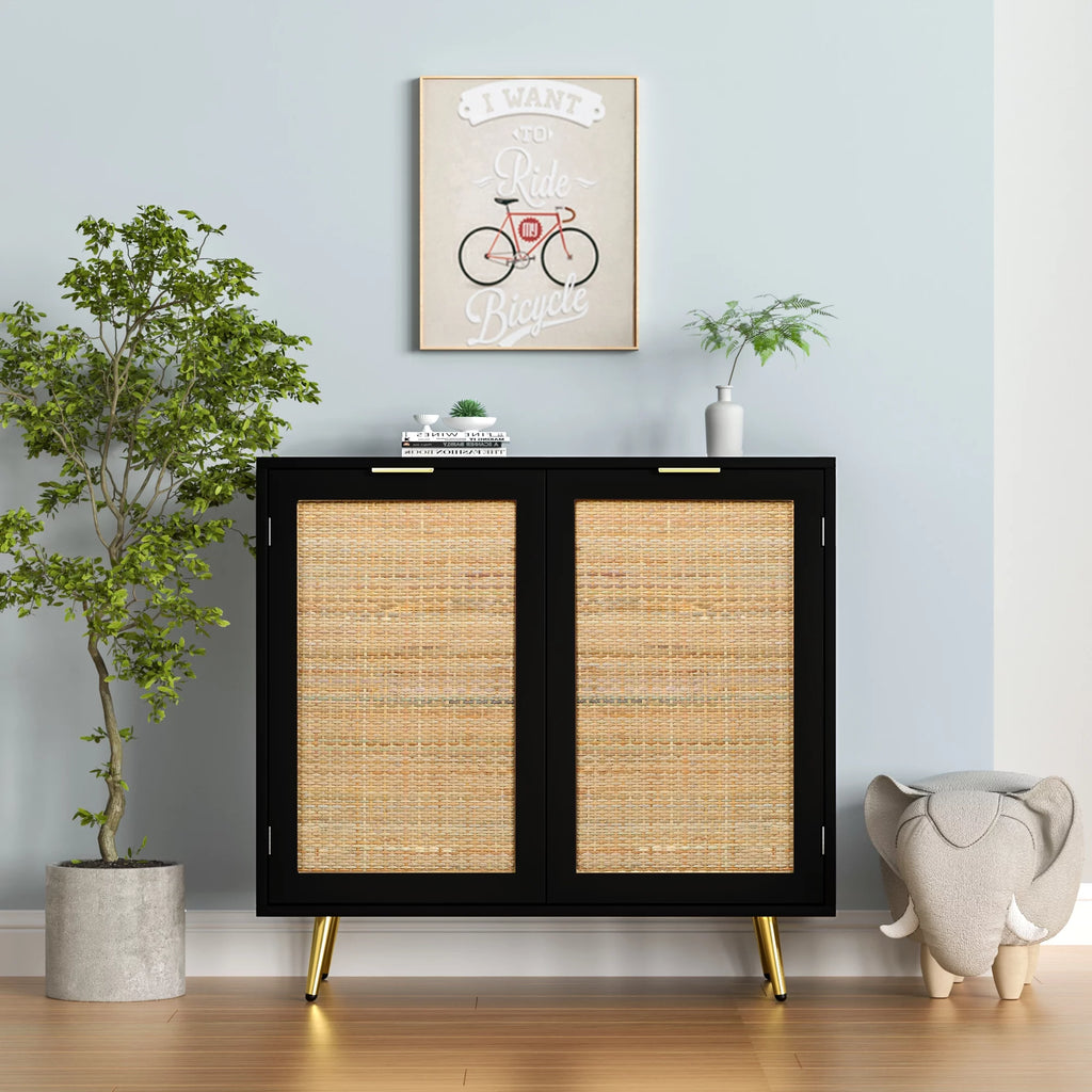 Black 2 Rattan Door Accent Cabinet D652