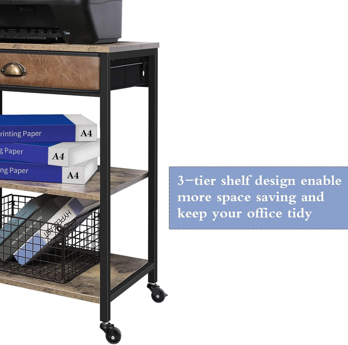 3 Tier Printer Stand with Storage Drawer and Wheel R437374