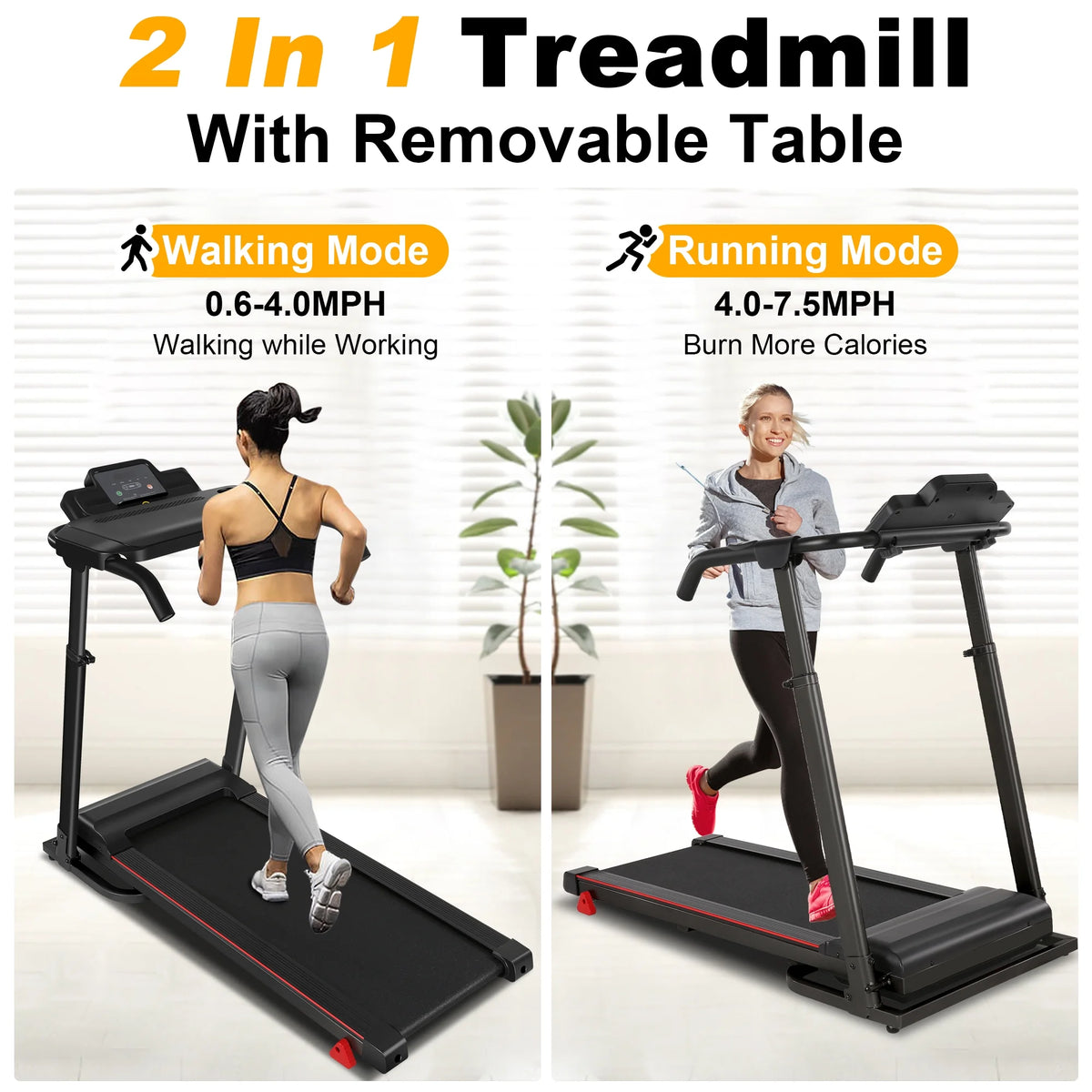 Folding Treadmill with Removable Tabletop and Incline, 2.5 HP, Black Y866219
