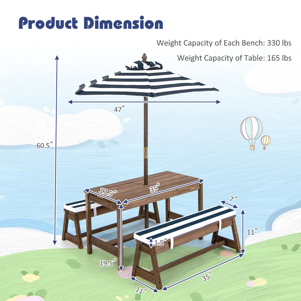 Kids Wood Picnic Table and Bench Set with Cushions Umbrella Q31764