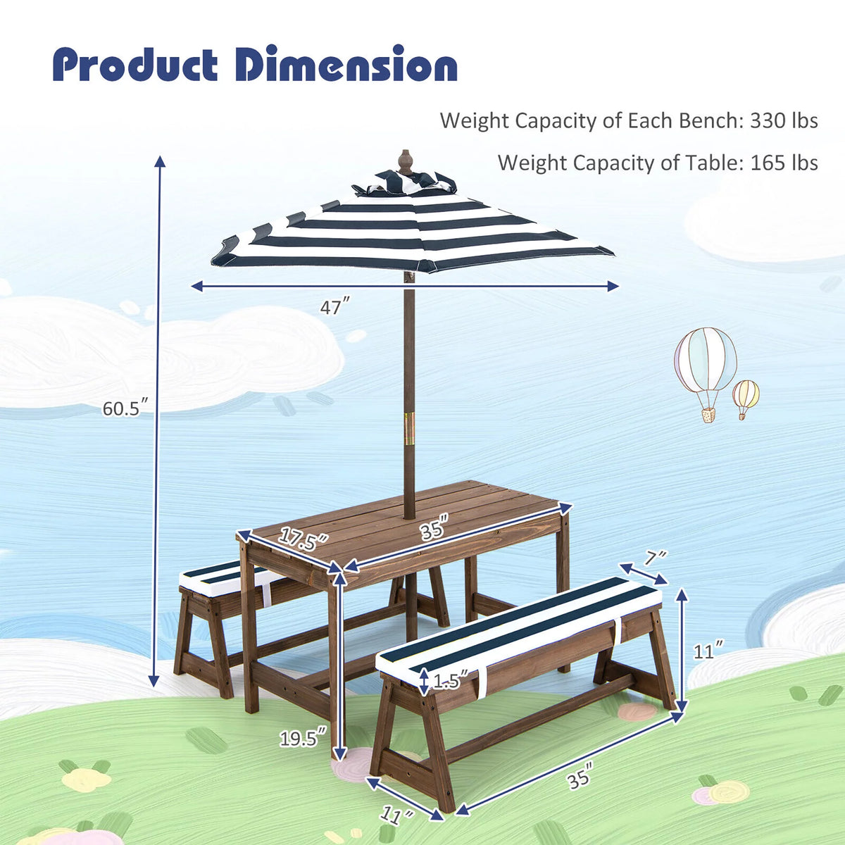 Kids Wood Picnic Table and Bench Set with Cushions Umbrella Q31764