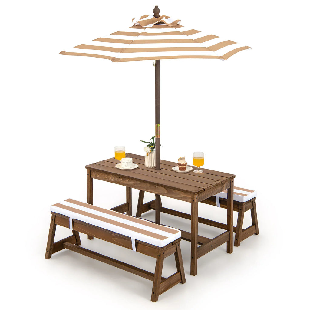Kids Wood Picnic Table and Bench Set with Cushions Umbrella Q31764