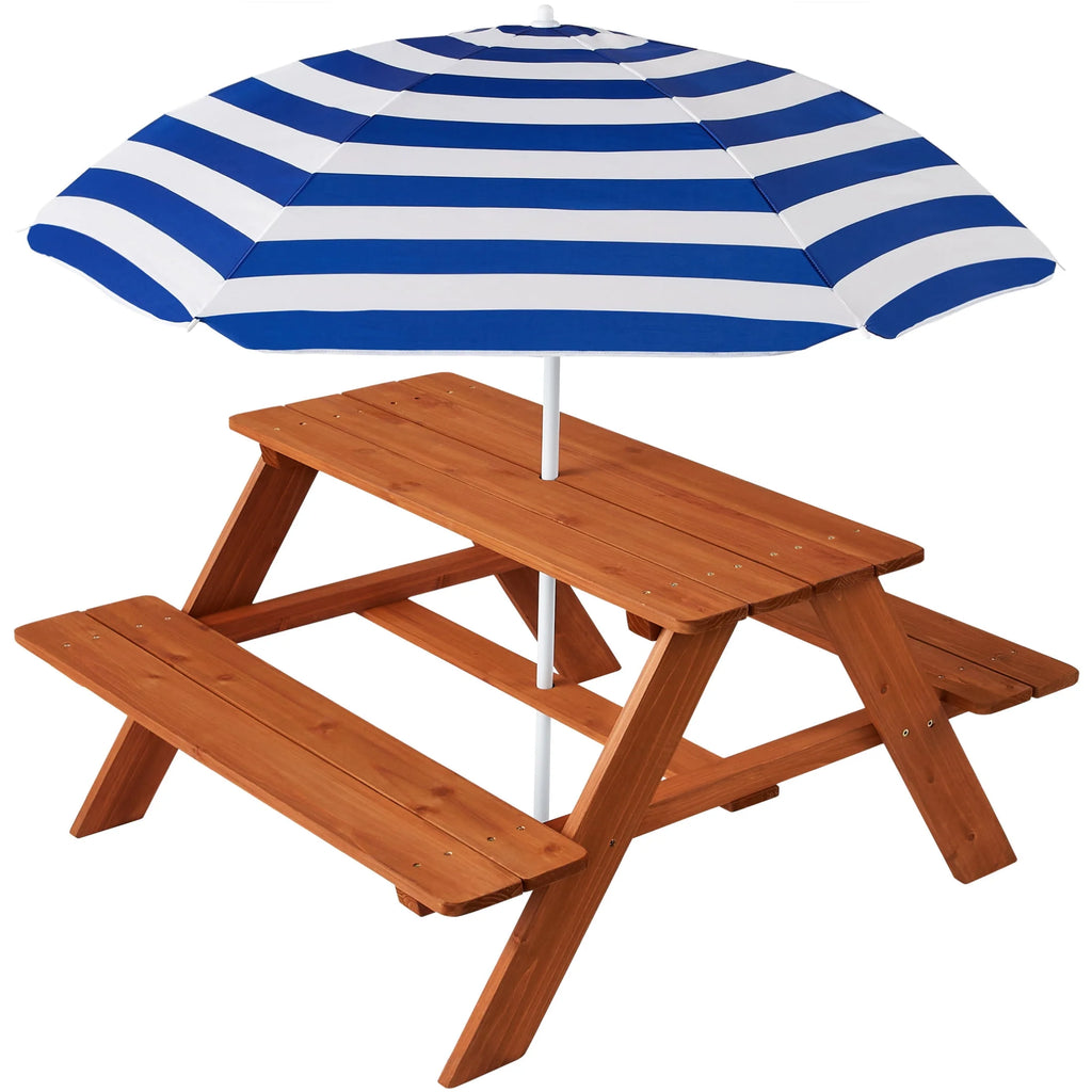 Kids Wooden Picnic Table with Adjustable Umbrella and Built-In Seats A343