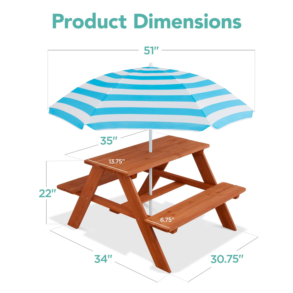 Kids Wooden Picnic Table with Adjustable Umbrella and Built-In Seats A343