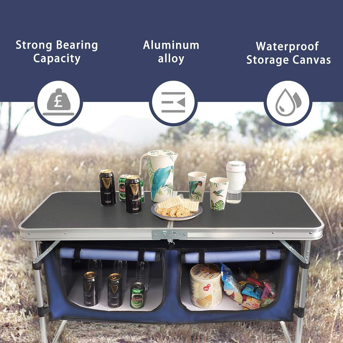 Folding Camp Table with Storage Organizer, Aluminum Adjustable (Black) W90094