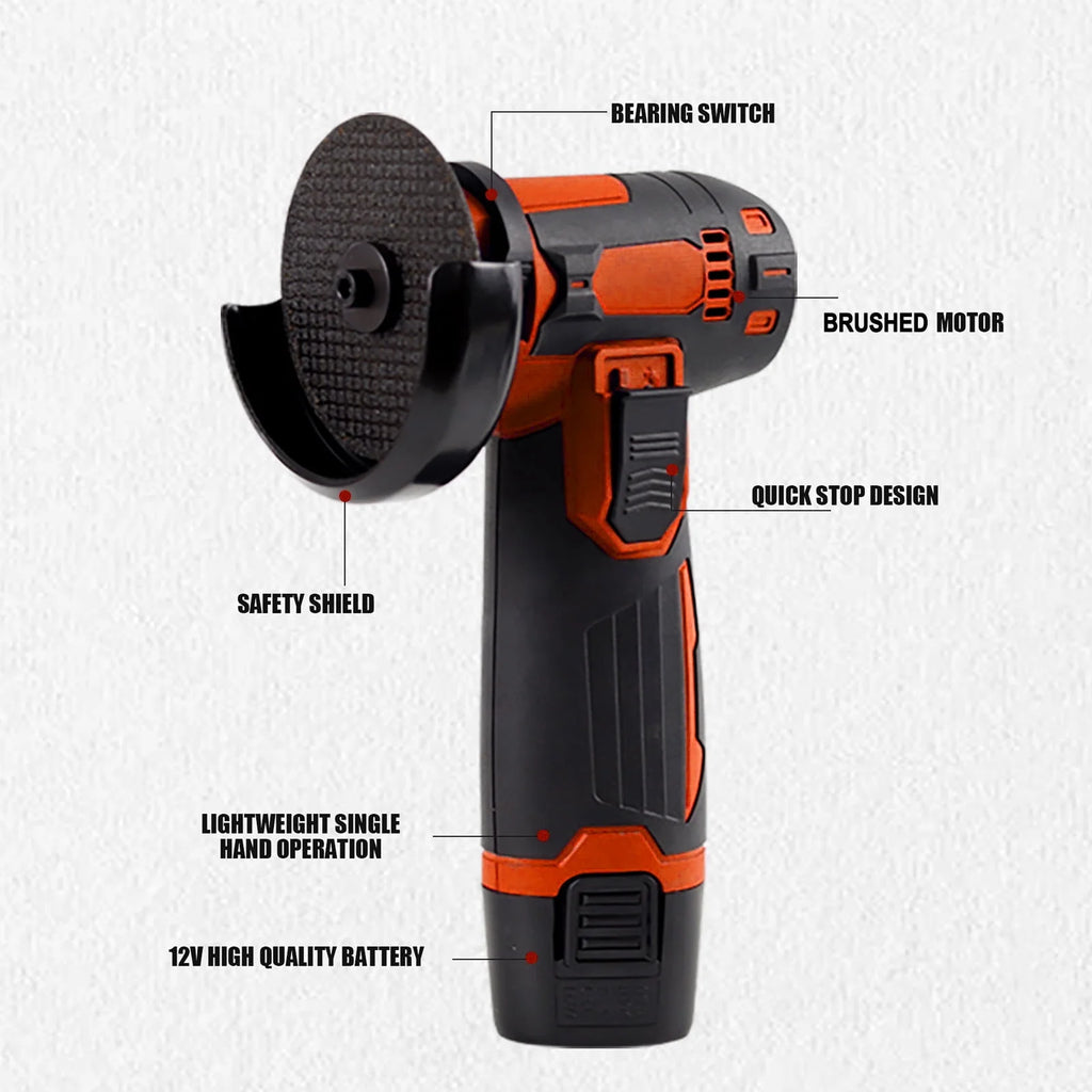 12V Cordless Angle Grinder Kit 3 Inch 19500 rpm with 2 1300mAh Lithium-Ion Battery E441893
