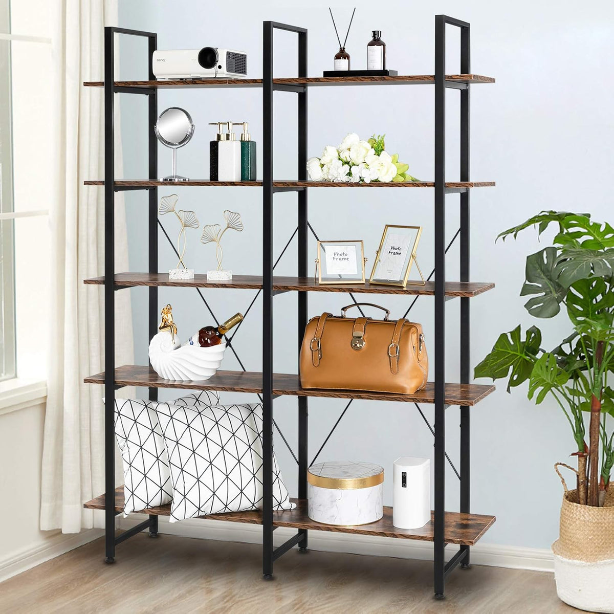 5 Tier Rustic Wood and Metal Bookshelf W559