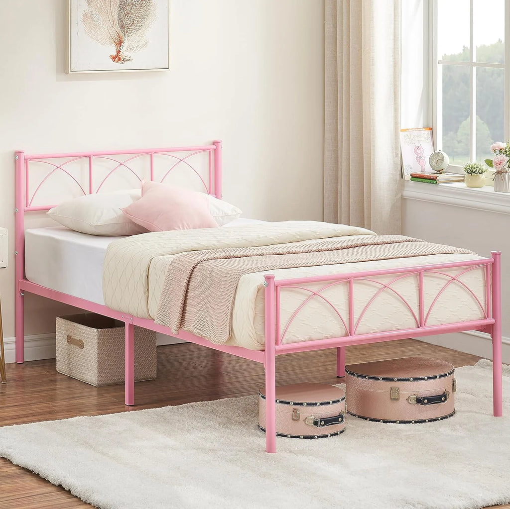 Pink Twin Metal Platform Bed Frame with Headboard and Footboard Z185122