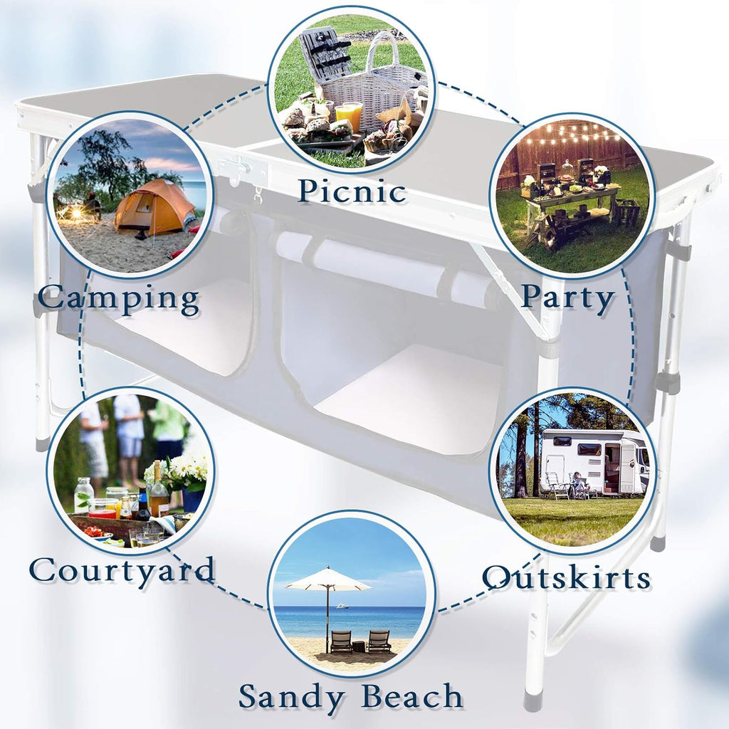 Folding Camp Table with Storage Organizer, Aluminum Adjustable (Black) W90094