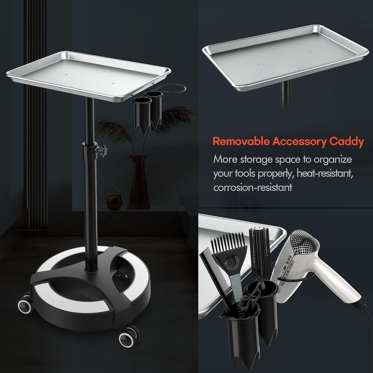 Adjustable Height Aluminum Salon Tray Cart with Accessory Caddy L726