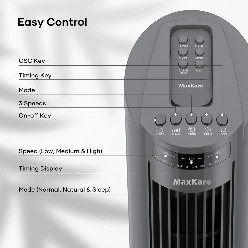 30 Tower Fan 120° Oscillating 60dB Quiet with Remote Control 3 Speeds 3 Wind Modes Timer Dark Gray A114