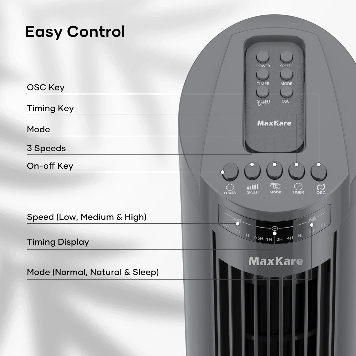 30 Tower Fan 120° Oscillating 60dB Quiet with Remote Control 3 Speeds 3 Wind Modes Timer Dark Gray A114