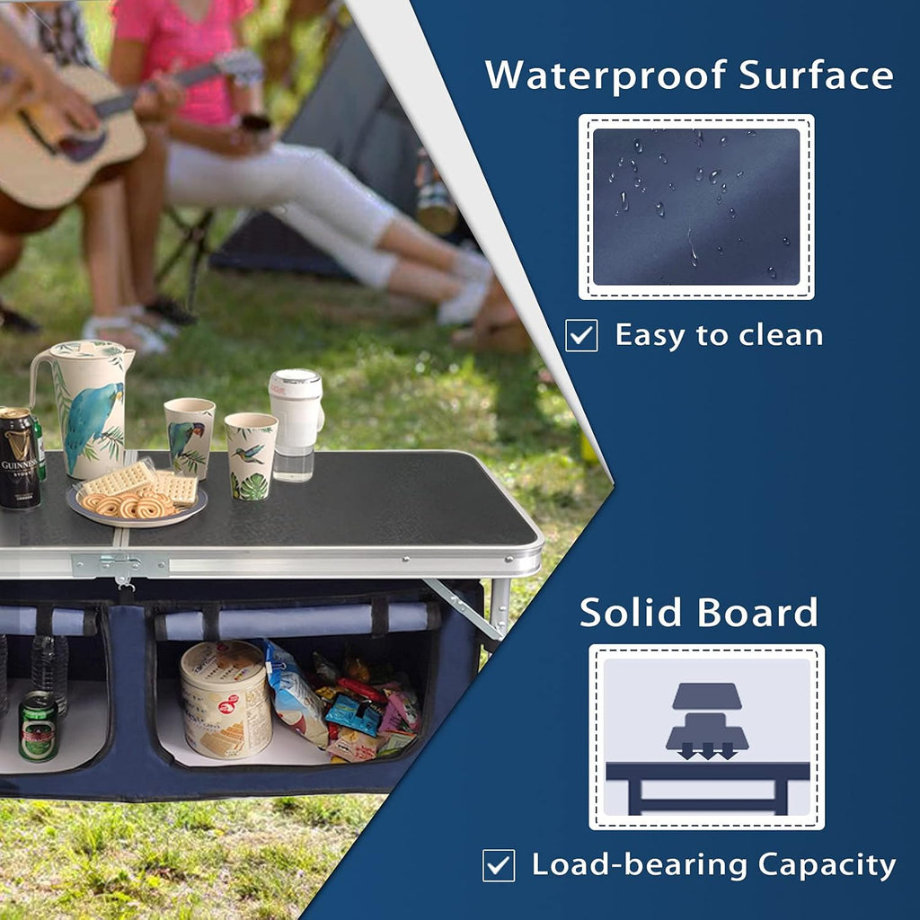 Folding Camp Table with Storage Organizer, Aluminum Adjustable (Black) W90094
