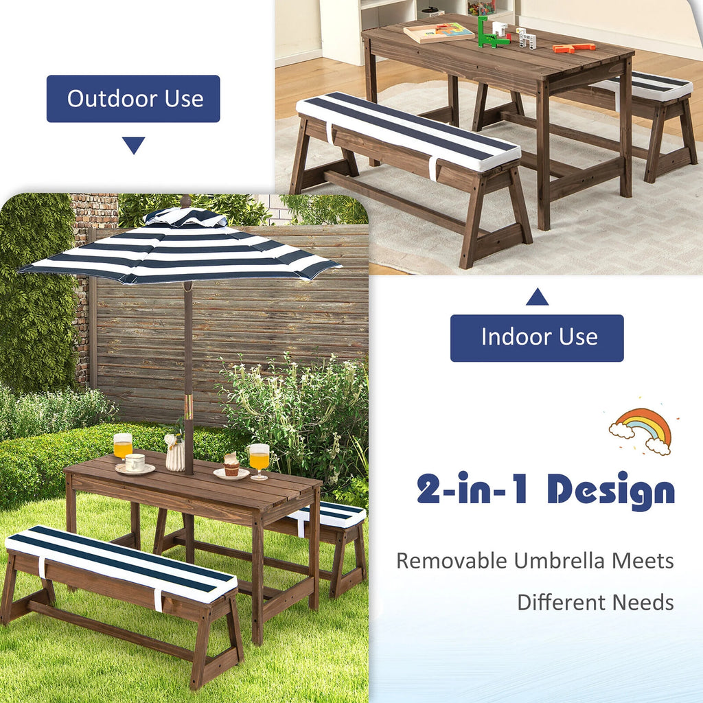 Kids Wood Picnic Table and Bench Set with Cushions Umbrella Q31764
