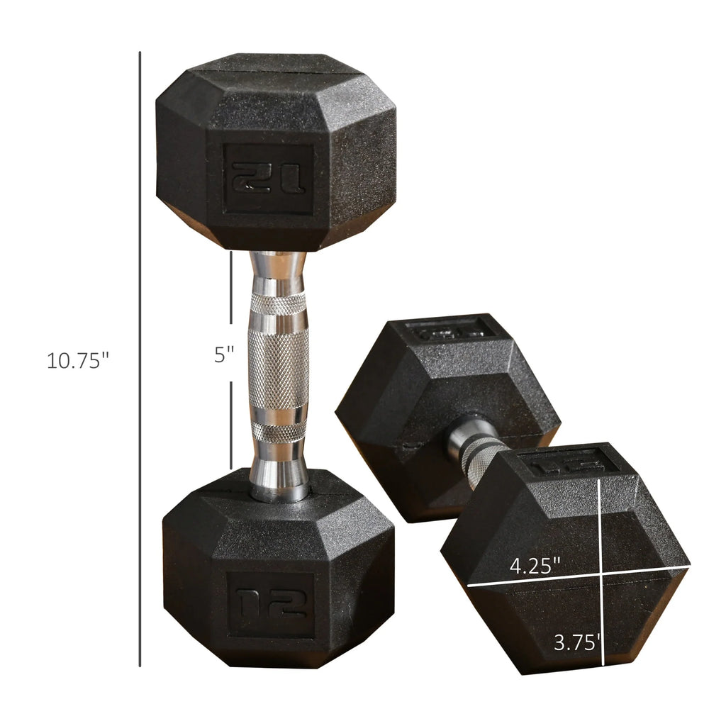 24 Lbs. Total Black Hex Rubber Dumbbells Set with Metal Handles Y10707