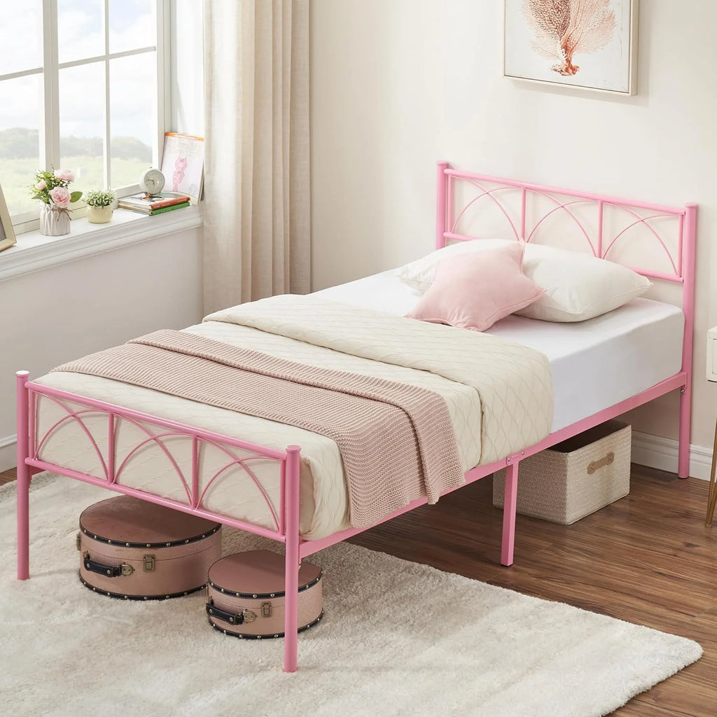 Pink Twin Metal Platform Bed Frame with Headboard and Footboard Z185122