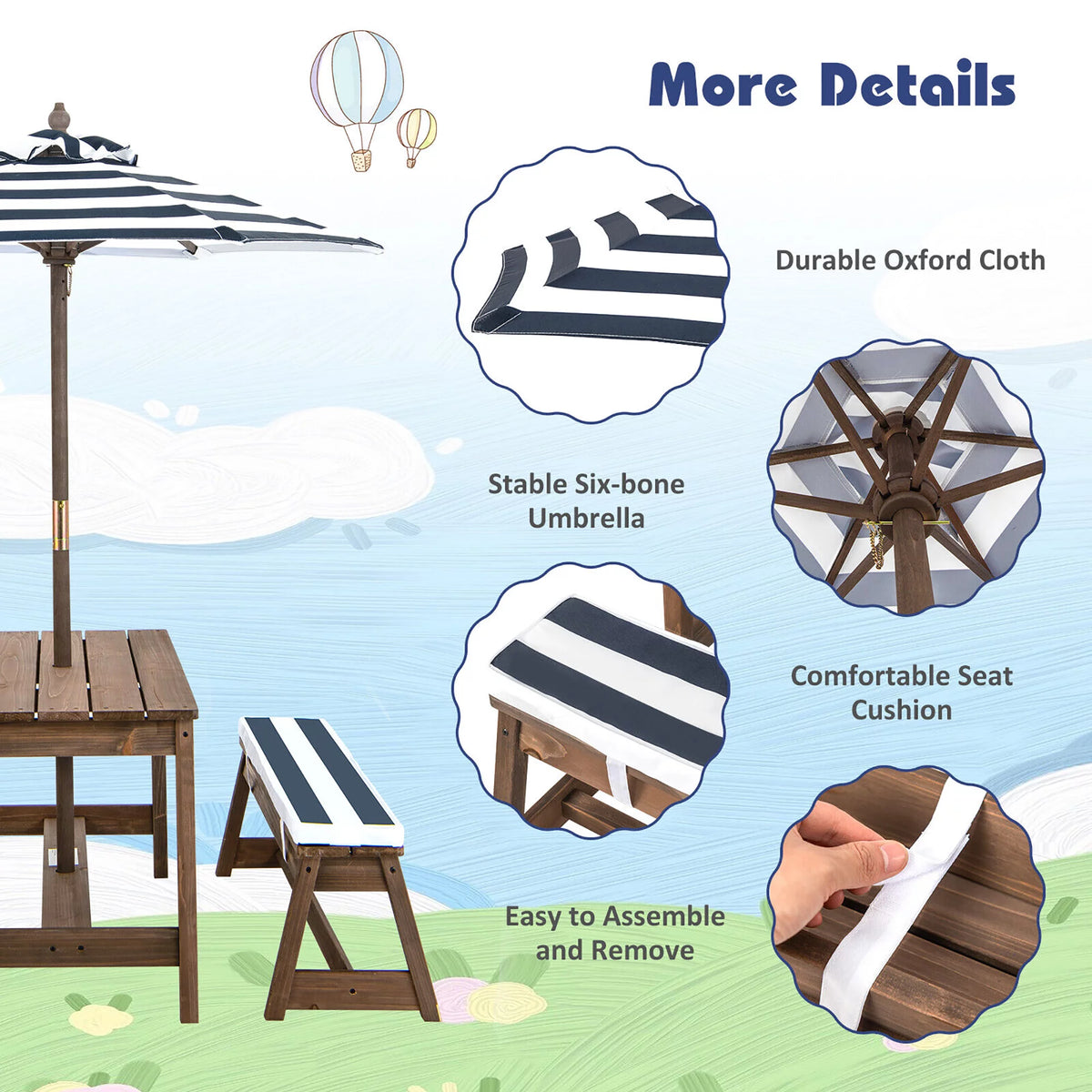 Kids Wood Picnic Table and Bench Set with Cushions Umbrella Q31764