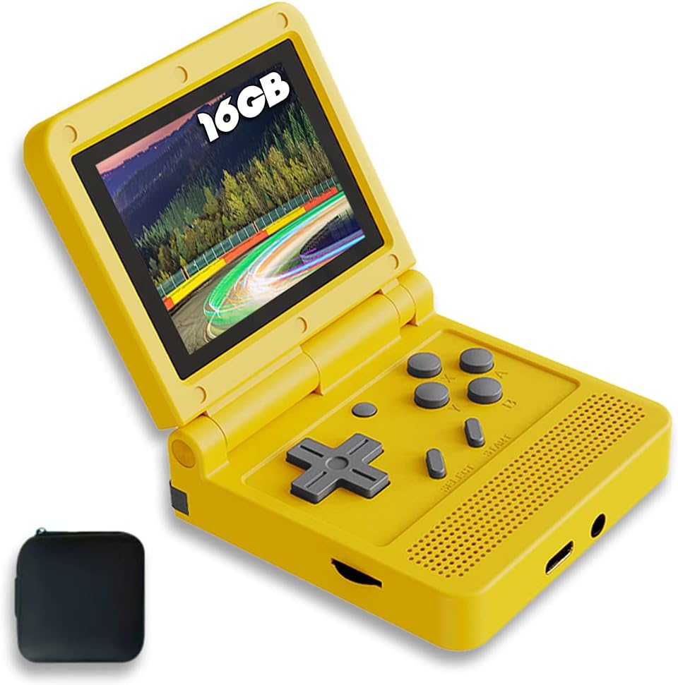 Handheld Game Console 3 inch Retro Clamshell Yellow with Case C408