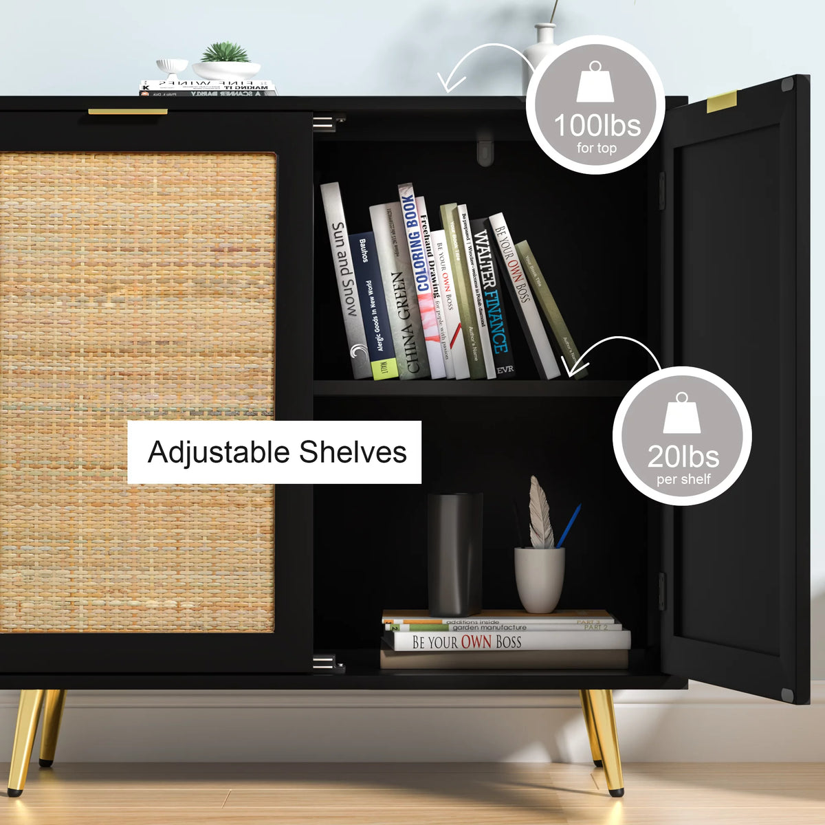 Black 2 Rattan Door Accent Cabinet D652