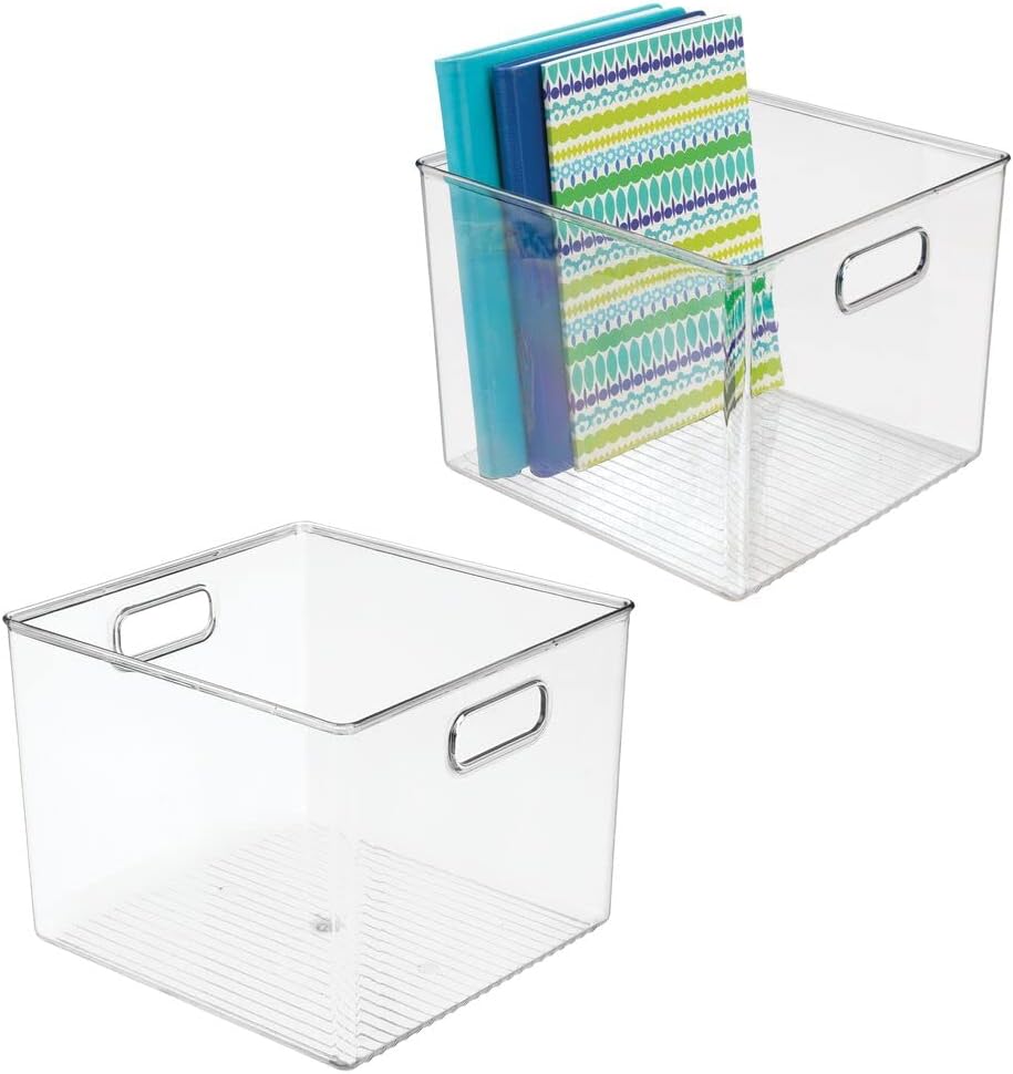 Tall Slim Rectangular Plastic Storage Organizer Bin with Handles, 2 Pack - Clear I3028