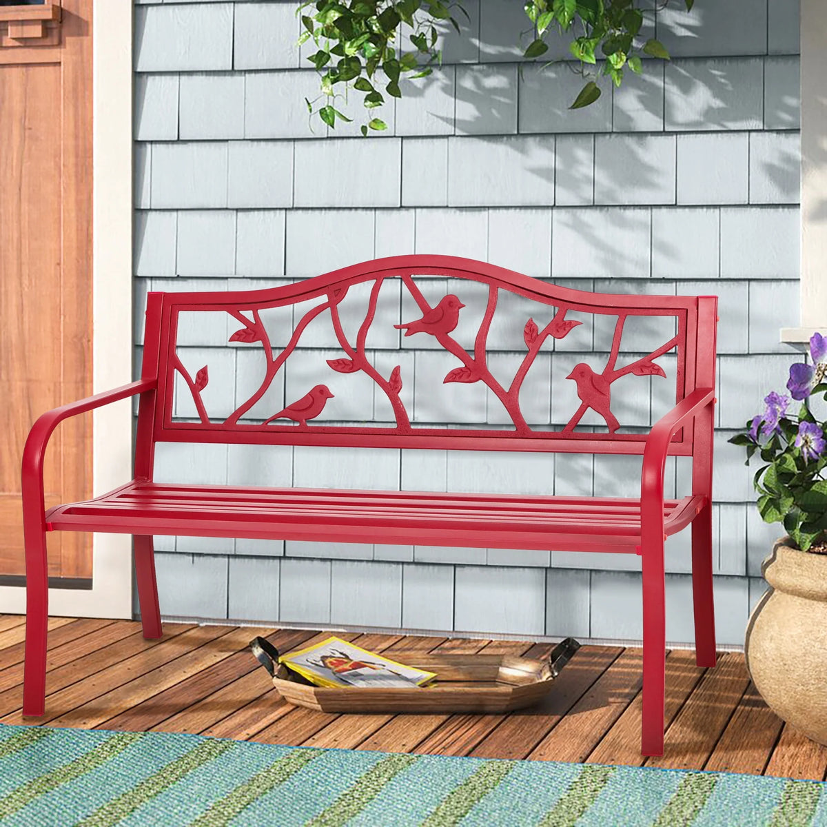 Red Metal Patio Garden Bench H7741