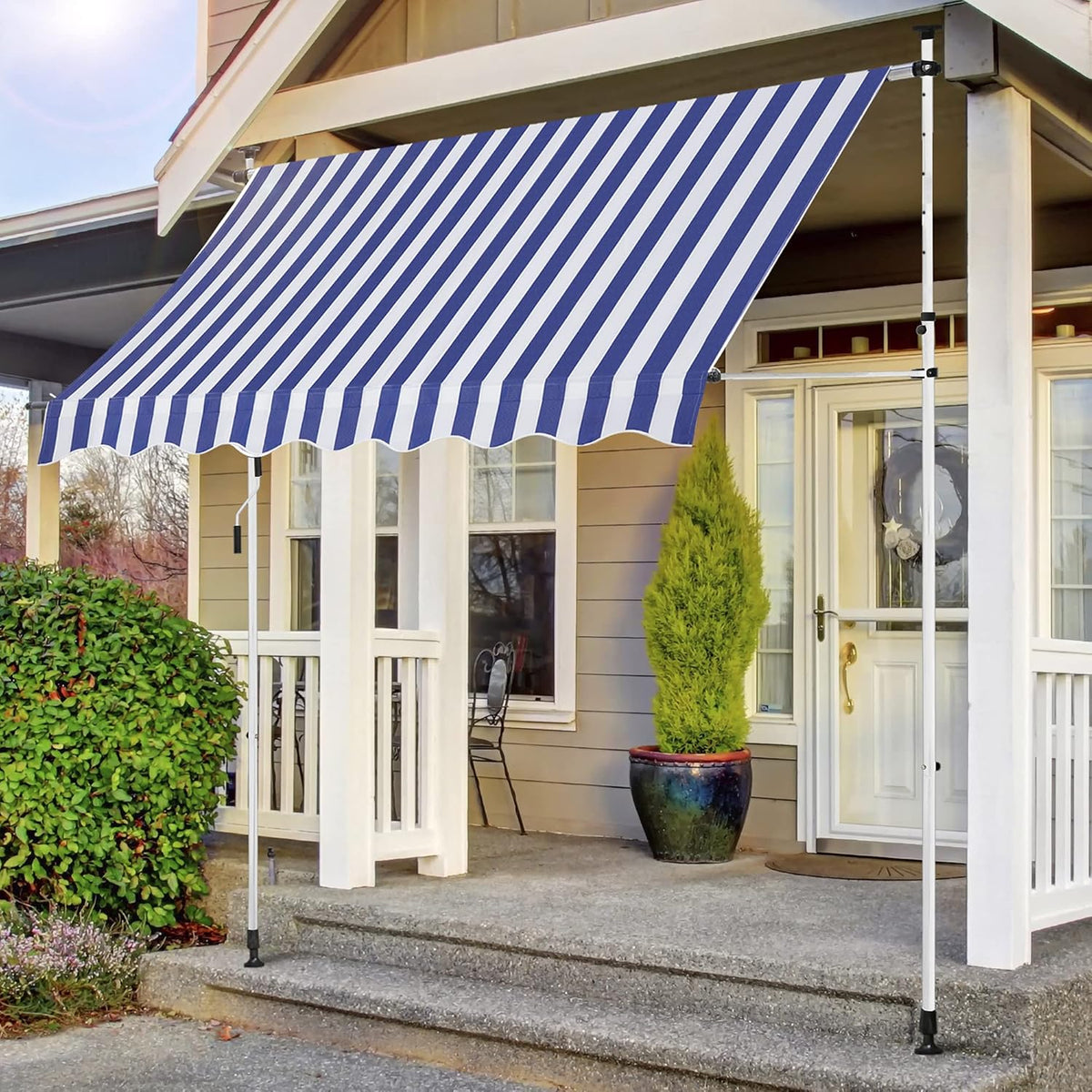 59x47 Manual Retractable Patio Awning Blue and White X901