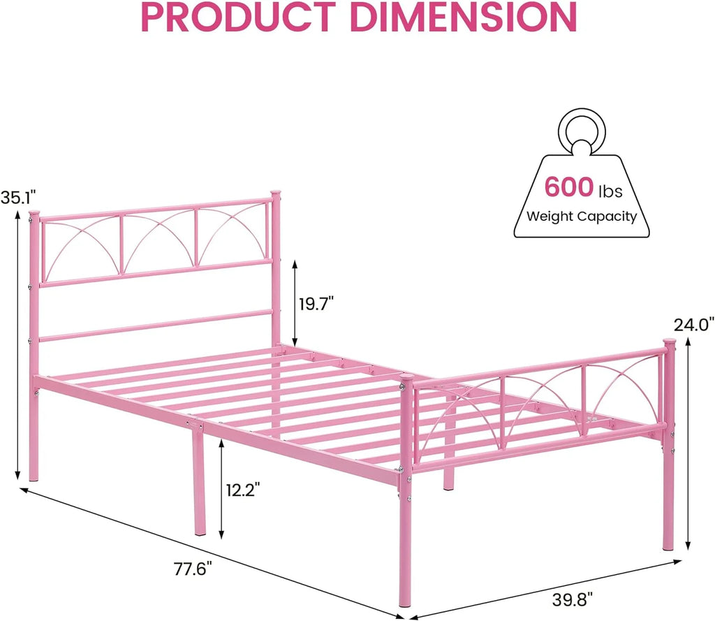 Pink Twin Metal Platform Bed Frame with Headboard and Footboard Z185122