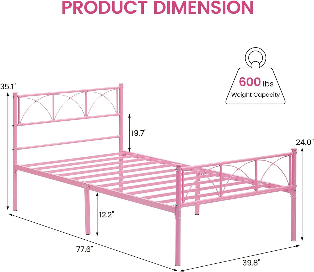 Pink Twin Metal Platform Bed Frame with Headboard and Footboard Z185122
