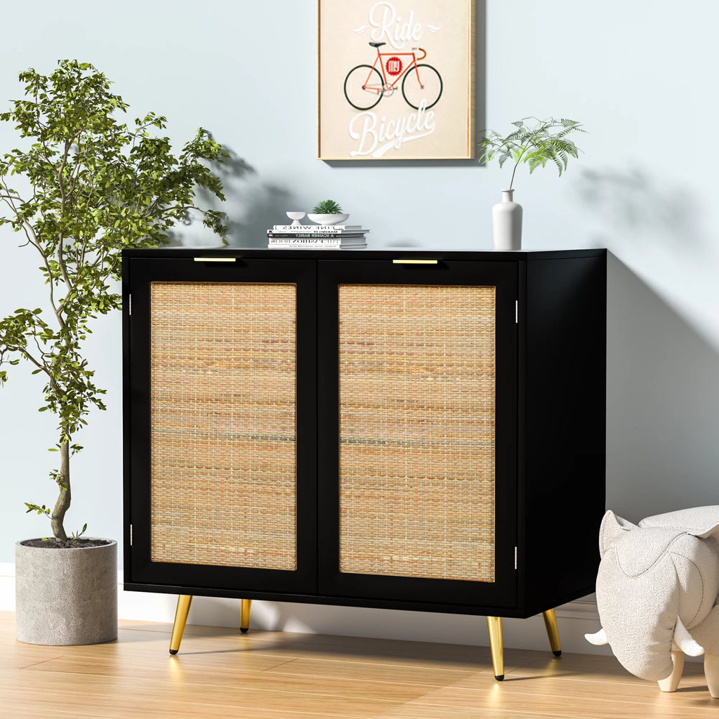 Black 2 Rattan Door Accent Cabinet D652