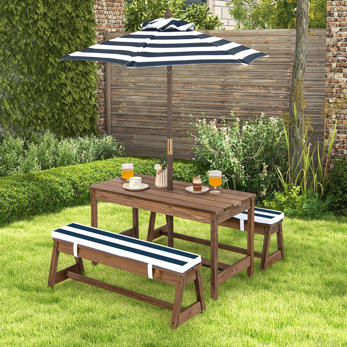 Kids Wood Picnic Table and Bench Set with Cushions Umbrella Q31764