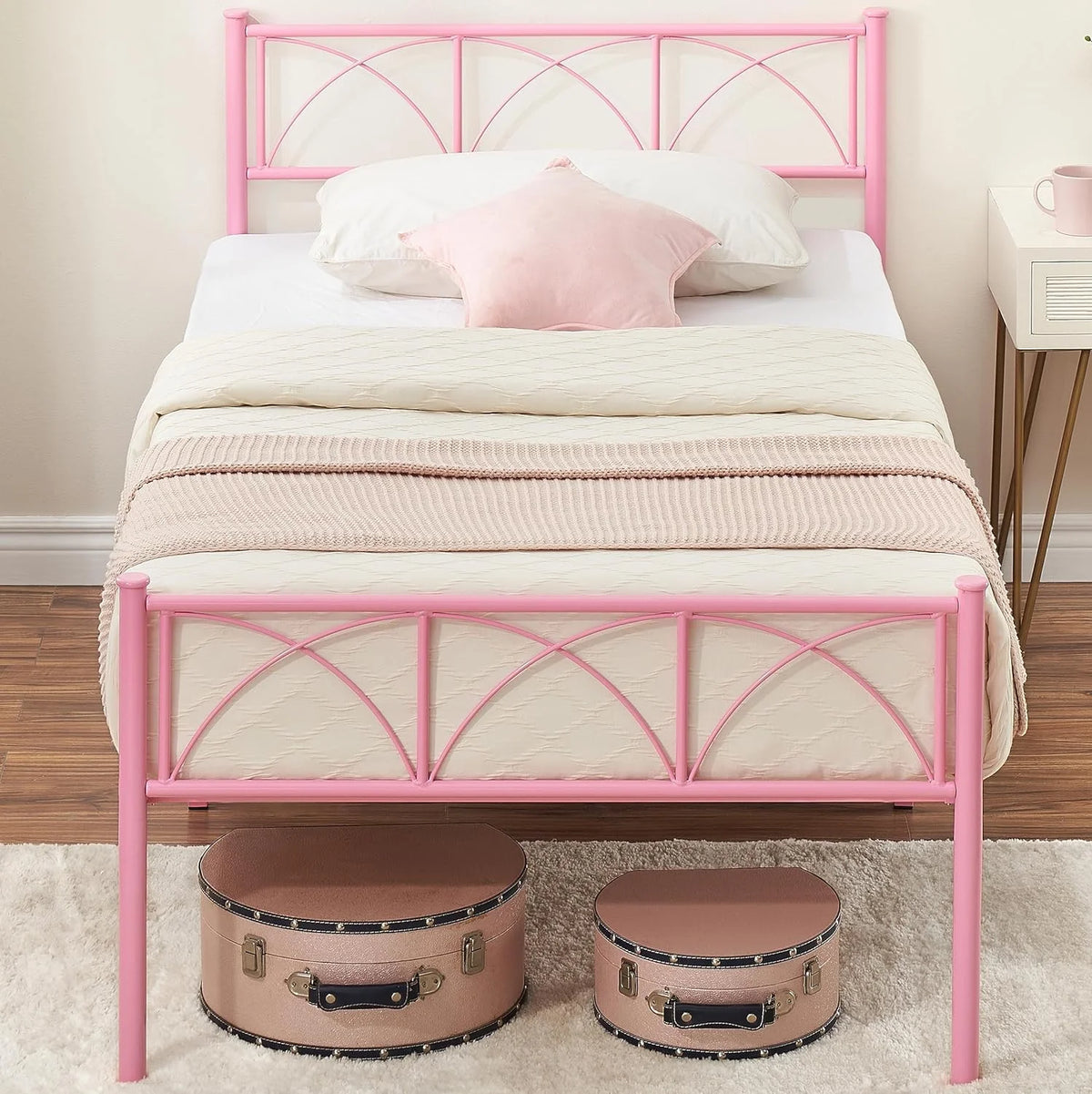 Pink Twin Metal Platform Bed Frame with Headboard and Footboard Z185122