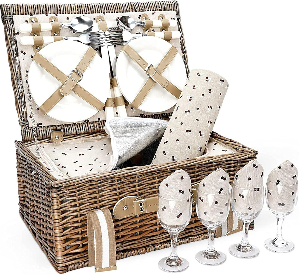 Willow Wicker Picnic Basket Set for 2 Persons with Insulated Cooler Bag E647