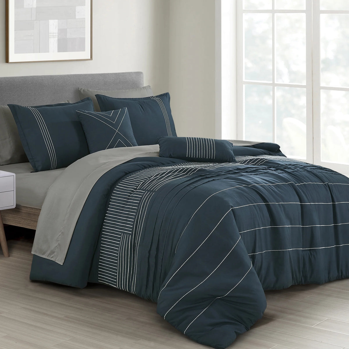 Blue 9-Piece Embroidered Comforter & Sheet Set Cal King Size T16459