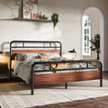 Queen Size Metal Bed Frame with Wooden Headboard and Footboard A837552