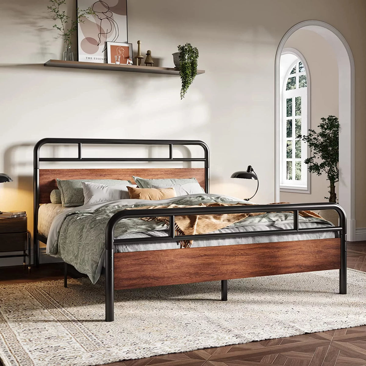 Queen Size Metal Bed Frame with Wooden Headboard and Footboard A837552