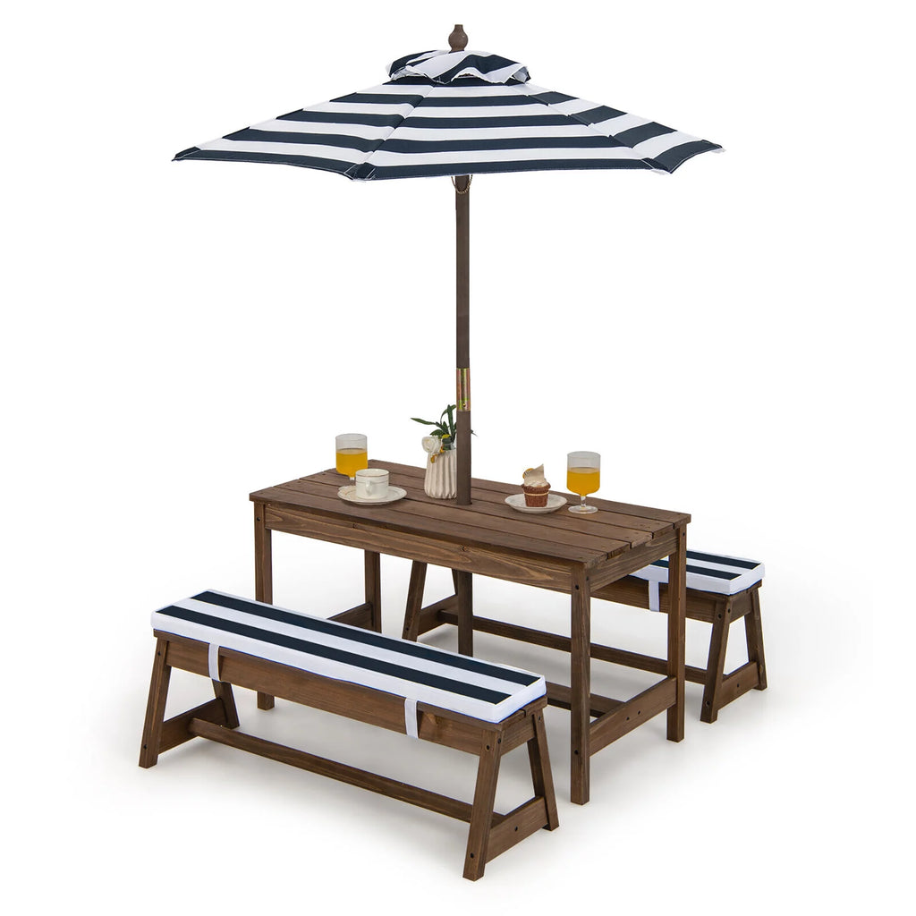 Kids Wood Picnic Table and Bench Set with Cushions Umbrella Q31764