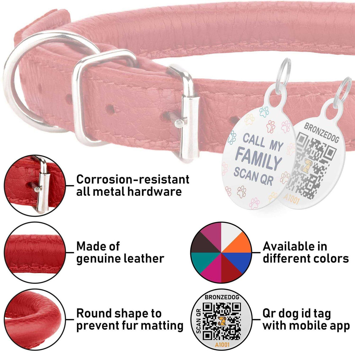 Rolled Leather Dog Collar with QR ID Dog Tag X63008