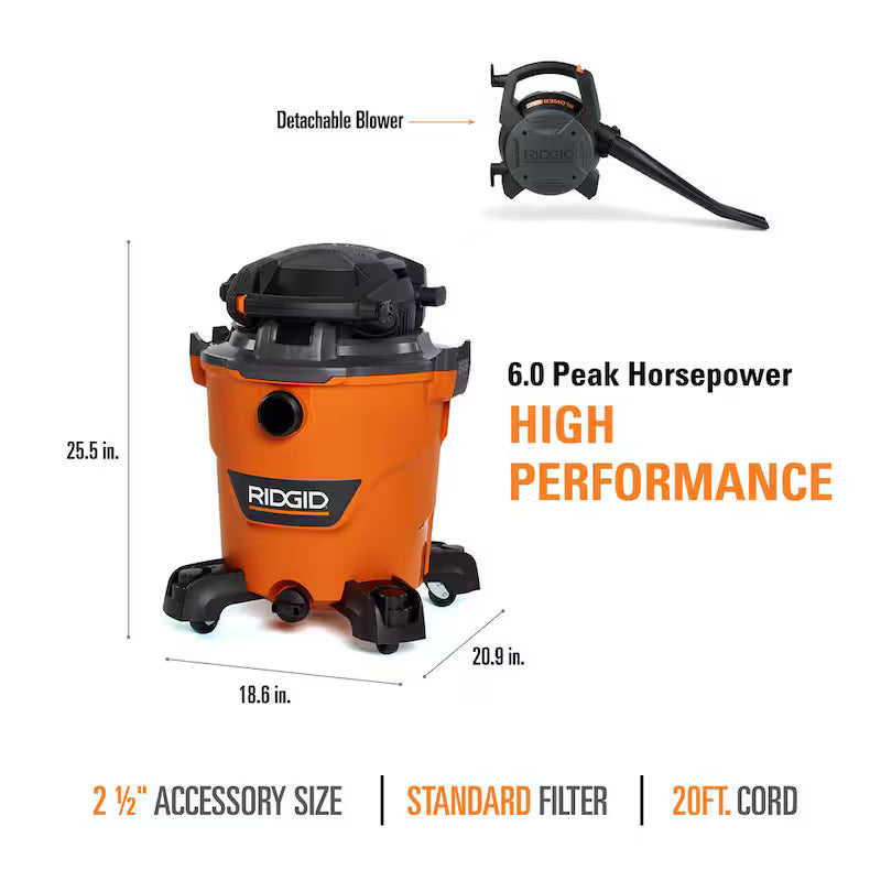 12 Gallon 6.0 Peak HP Wet Dry Vacuum with Detachable Blower J70208