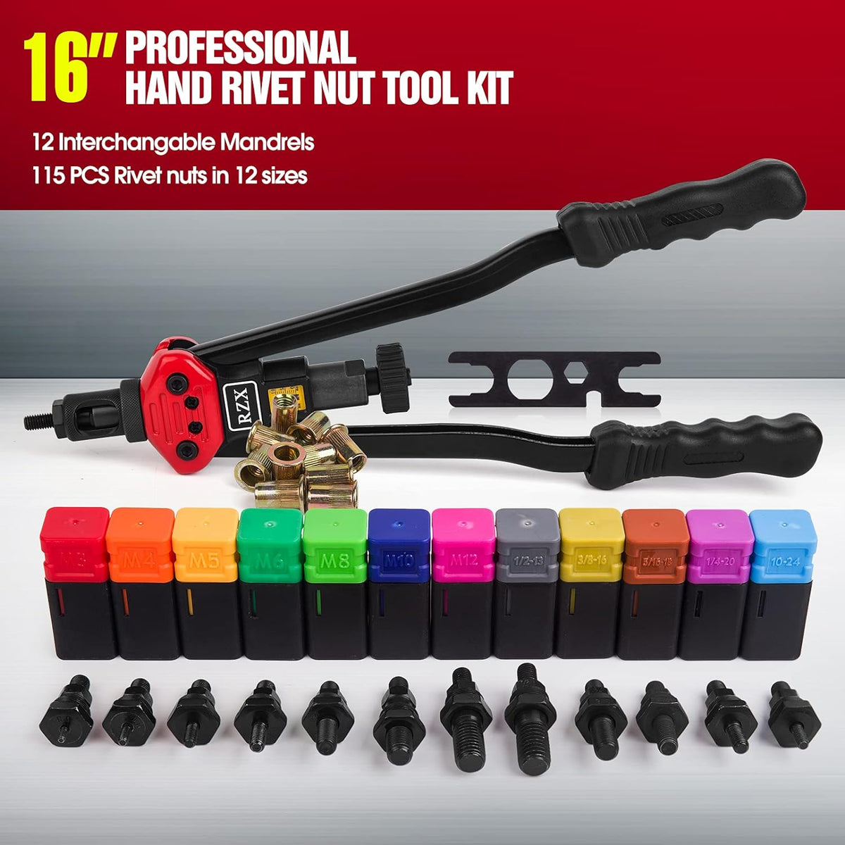 16 Rivet Nut Tool with 12 Mandrels and 115 Pcs Rivets Nuts Y726478