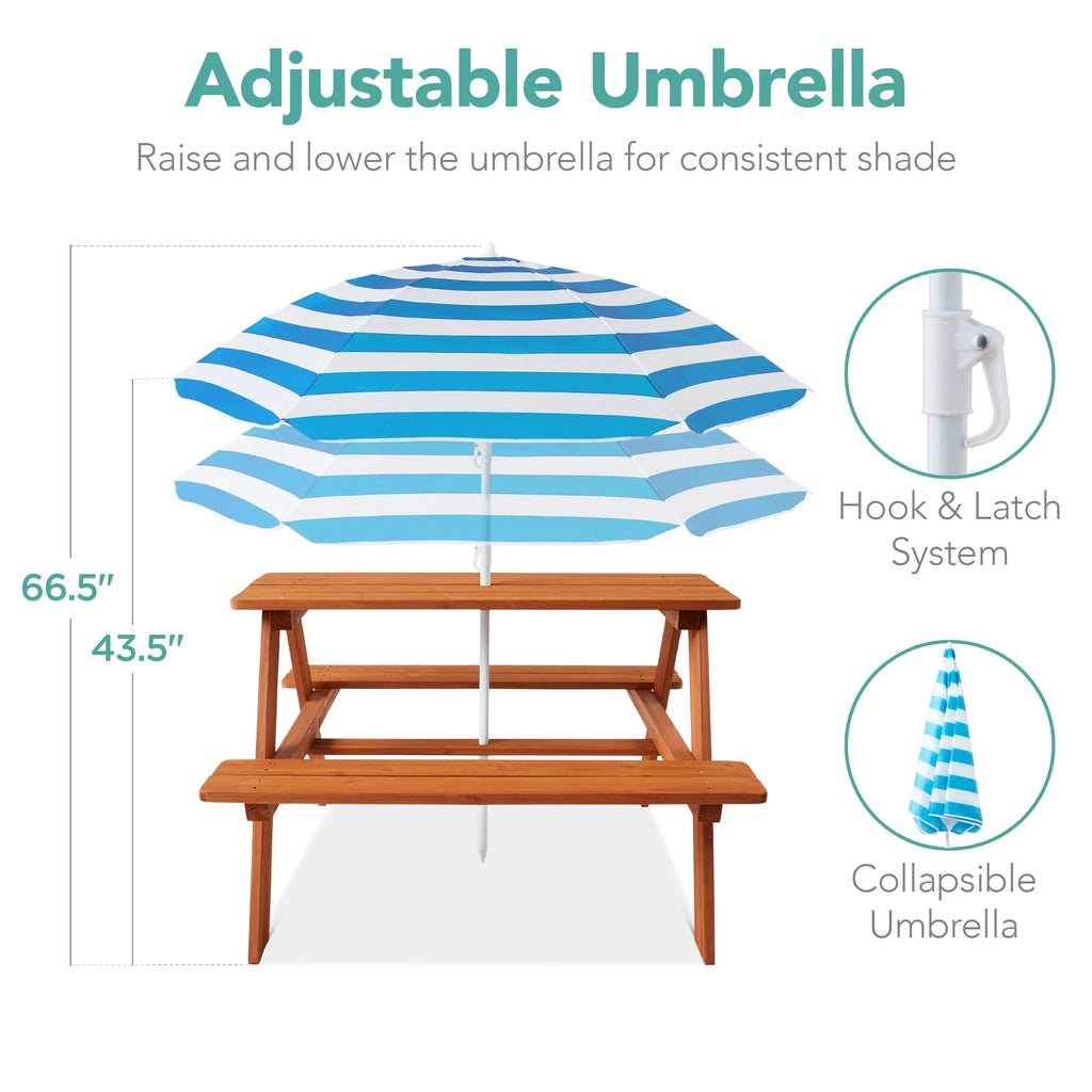 Kids Wooden Picnic Table with Adjustable Umbrella and Built-In Seats A343