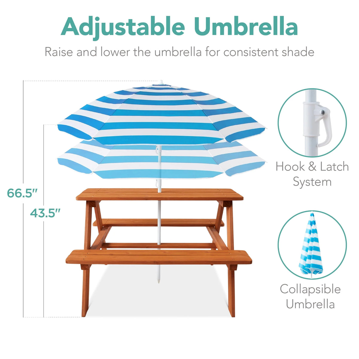 Kids Wooden Picnic Table with Adjustable Umbrella and Built-In Seats A343