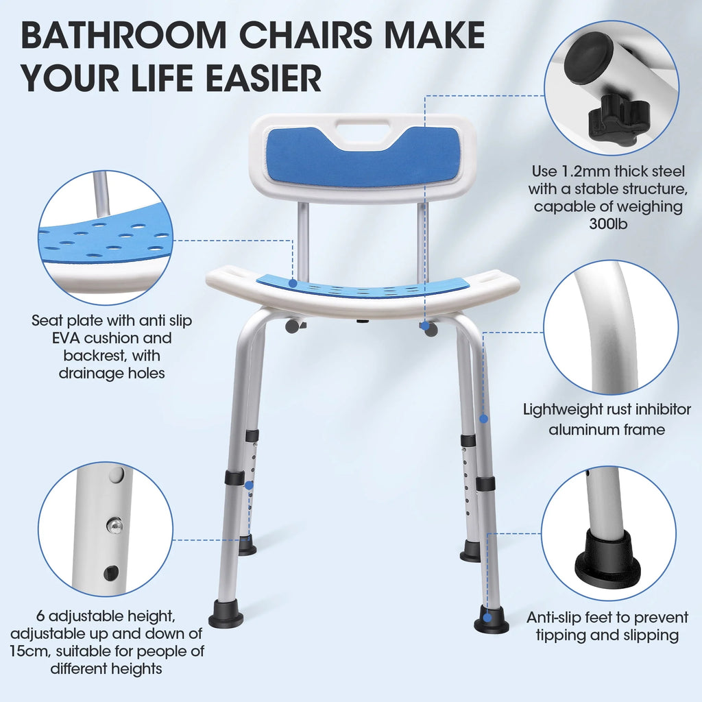 Bath and Shower Chair with Back and Padded Armrests, Height Adjustable S8020