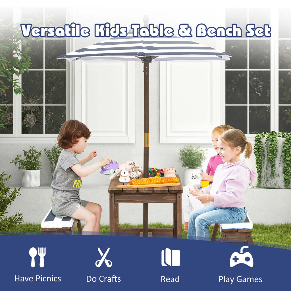 Kids Wood Picnic Table and Bench Set with Cushions Umbrella Q31764