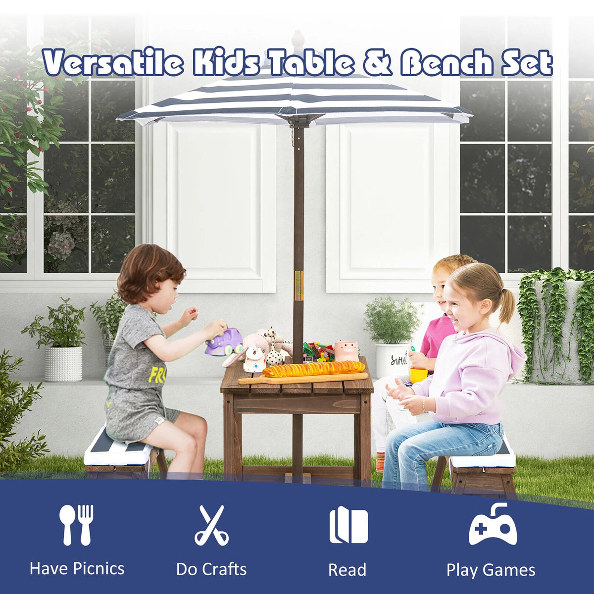 Kids Wood Picnic Table and Bench Set with Cushions Umbrella Q31764