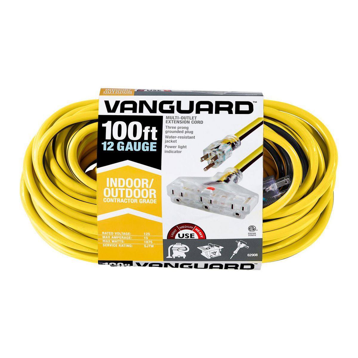 100 ft. 12/3 Gauge Multiple Outlet Extension Cord with Indicator Light, Yellow, Black X395