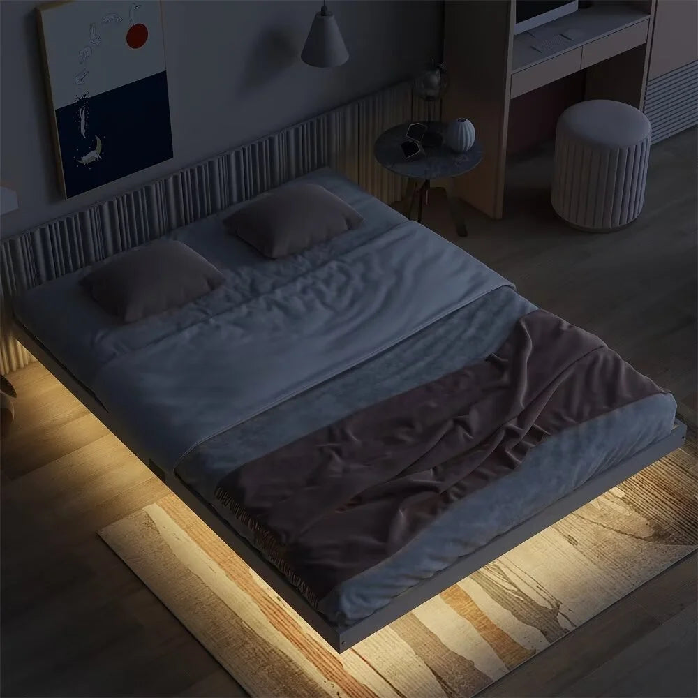 White Full Size Floating Platform Bed Frame with LED Lights E11268