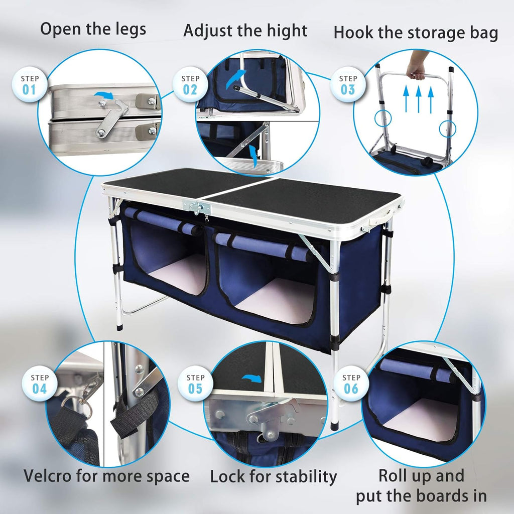 Folding Camp Table with Storage Organizer, Aluminum Adjustable (Black) W90094