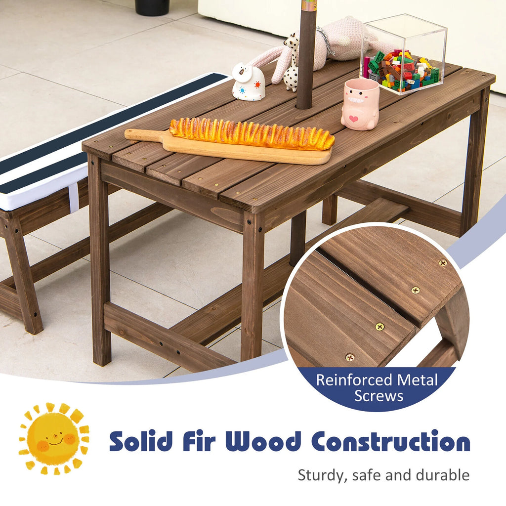 Kids Wood Picnic Table and Bench Set with Cushions Umbrella Q31764