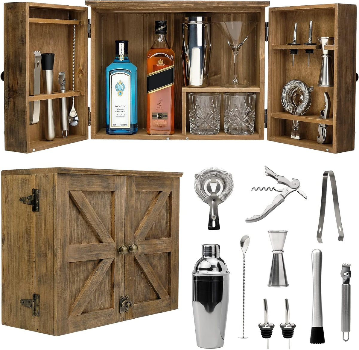 Barndoor Bartender Cabinet with 12 Piece Bar Tool Set I21833